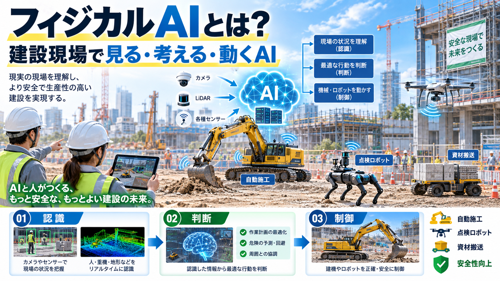 フィジカルAIがカメラ・LiDAR・各種センサーで建設現場を認識し、自動施工・点検ロボット・資材搬送を支援する仕組みの図解