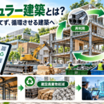 サーキュラー建築で建材の再利用・再資源化・分別解体・建設廃棄物削減・建築GX・建設DXを実現する流れの図解