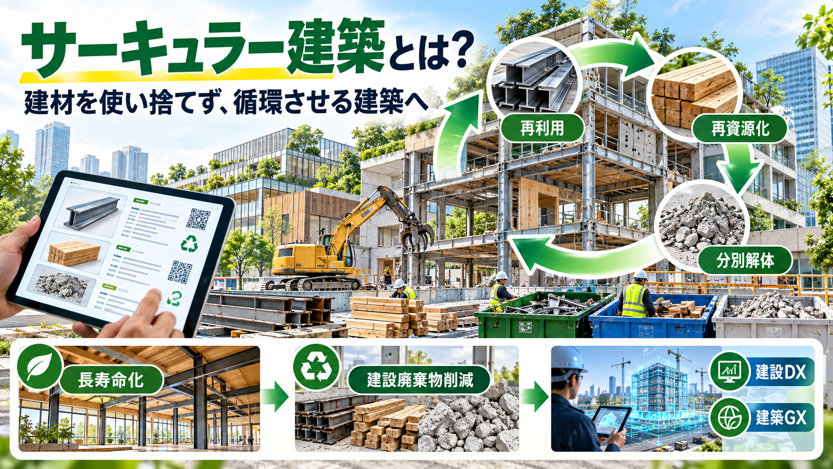 サーキュラー建築で建材の再利用・再資源化・分別解体・建設廃棄物削減・建築GX・建設DXを実現する流れの図解